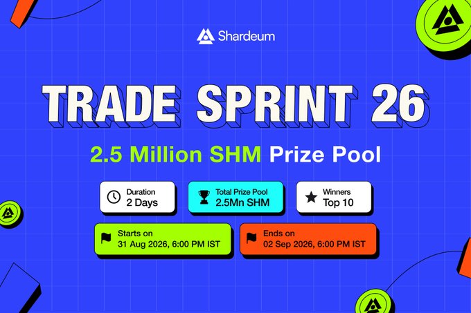 Shardeum promotional graphic for "Trade Sprint 26" advertising a 2.5 Million SHM prize pool over 2 days (Aug 31 – Sep 2, 2026) with Top 10 winners competing for shares of the rewards.