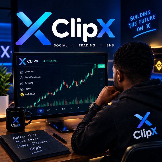 A promotional image for ClipX features a man viewing a +12.48% trading chart on his monitor, surrounded by ClipX branded merchandise and the tagline 'Building the Future on X'.