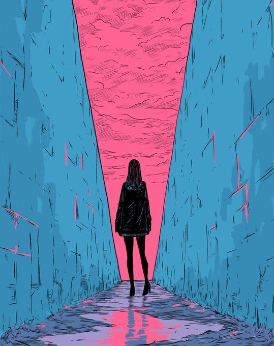 A digital illustration shows a lone figure in a dark coat standing at the end of a narrow alleyway, looking up at a vivid pink sky framed by teal-blue walls.