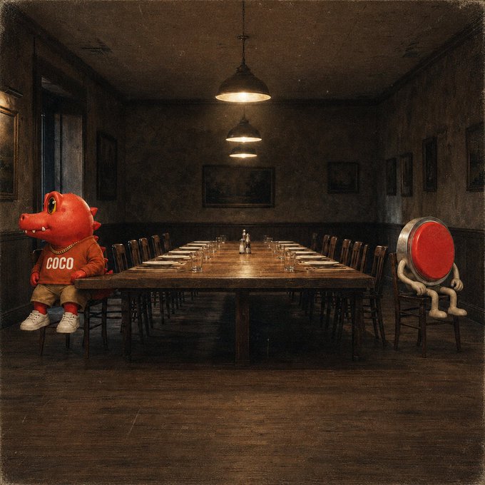 A dimly lit, moody room featuring a long wooden dining table flanked by chairs, with a red cartoonish crocodile character wearing a 'COCO' sweater seated on the left and a red drum-headed figure on the right.