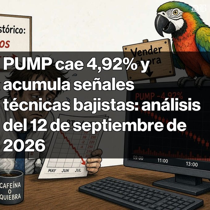 A meme-style image featuring a distressed person holding a stock chart next to a monitor showing "PUMP -4.92%", with a parrot in the background and text reading "PUMP cae 4,92% y acumula señales técnicas bajistas: análisis del 12 de septiembre de 2026".