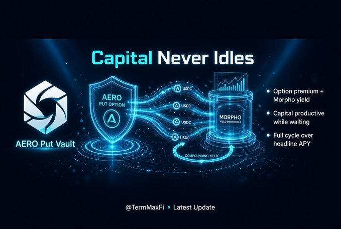 A promotional graphic titled 'Capital Never Idles' for the 'AERO Put Vault' by @TermMaxFi, illustrating how option premiums plus Morpho yield keep capital productive through USDC flows and compounding yield.