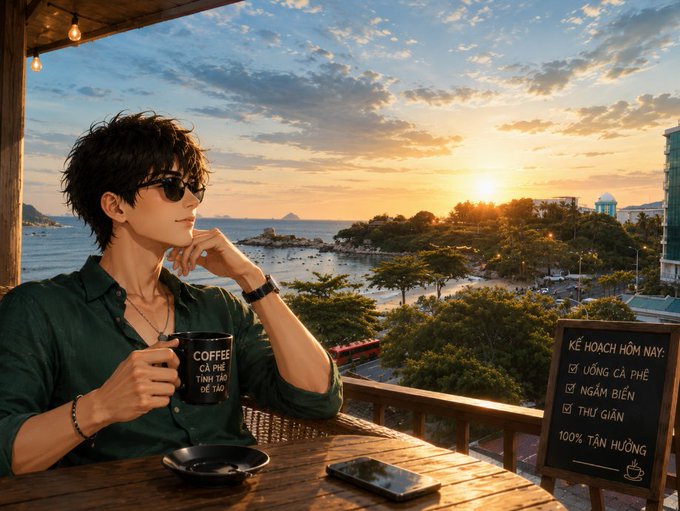 An illustrated scene of a stylish young man with sunglasses drinking coffee from a black mug labeled 'COFFEE CÀ PHÊ' at a seaside café during sunset, with a chalkboard menu reading 'KẾ HOẠCH HÔM NAY: UỐNG CÀ PHÊ, NGẮM BIỂN, THƯ GIÃN 100% TẬN HƯỞNG'.