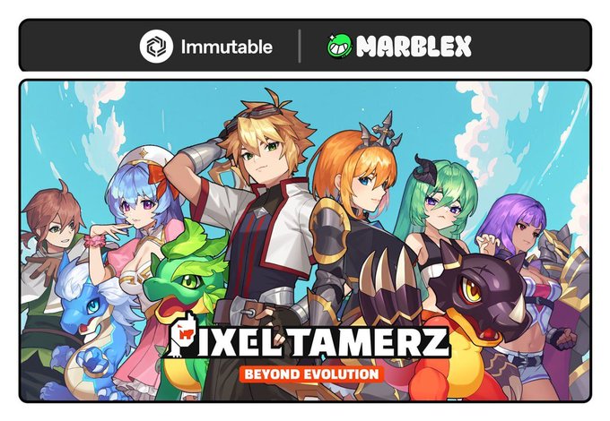 This image showcases the "Pixel Tamerz" game, featuring anime-style characters and creatures, with the Immutable and MARBLEX logos prominently displayed. The accompanying text highlights the game's focus on web3 monster collecting with over 200 unique evolvable summons.