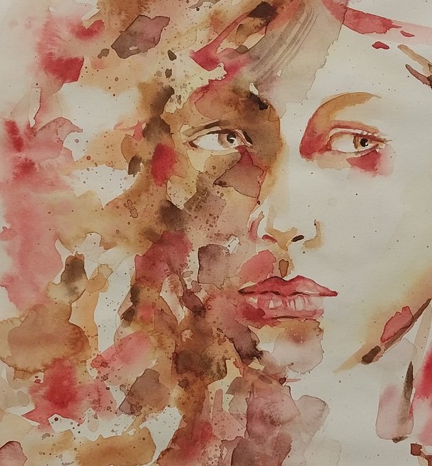 A watercolor painting of a face rendered in expressive red, brown, and pink splashes against a white background.