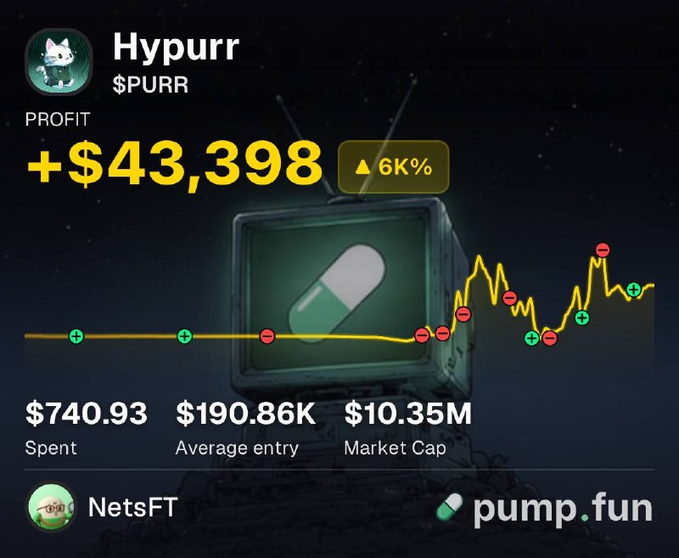 A pump.fun profit card shows a trader named NetsFT earned **+$43,398 (+6K%)** on the token **$PURR (Hypurr)**, with only $740.93 spent at a $190.86K average entry against a $10.35M market cap, visually confirming the post's claim of a 56x return.