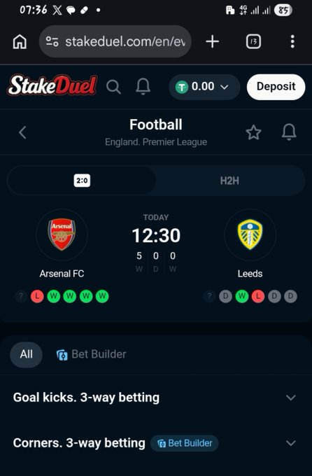 A mobile screenshot of the StakeDuel betting website shows an upcoming England Premier League football match between Arsenal FC and Leeds scheduled for 12:30 today, along with recent form indicators (W/L results) for both teams.