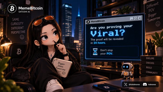 An anime-style illustration for 'MemeBitcoin' (Satoshi AI) shows a character with sunglasses on her head holding a notebook that reads 'Bigger Ideas Tomorrow,' beside a computer screen displaying 'Are you proving your Viral? The proof will be revealed in 24 hours. Don't stop your POV.'