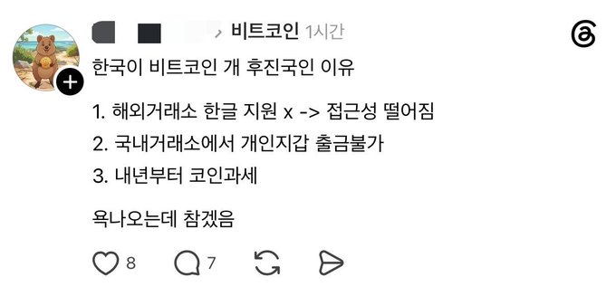 A Korean-language social media post discussing why Korea has more Bitcoin investors than other countries, citing three reasons: (1) the 2017 South Korean crypto exchange ban on foreigners, (2) the emergence of personal custody solutions at domestic exchanges, and (3) favorable tax treatment since the year before last, concluding "OK, but the key point is..." The post has 8 likes and 7 comments, and relates to the accompanying commentary about taxation disguised as asset recognition.