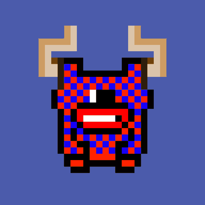 A pixel art character on a blue background featuring a checkered red and blue body, tan horns, a single white eye, and a wide mouth.