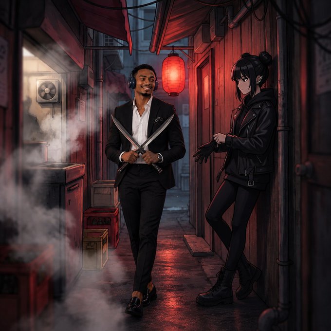 An anime-style illustration showing a man in a suit holding two swords alongside a woman in black leather attire, set in a moody alleyway with red lanterns.
