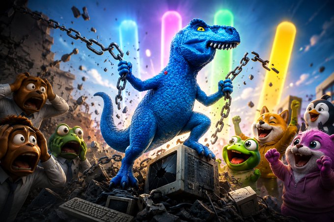 A digital artwork features a blue T-Rex holding chains, surrounded by shocked cartoon characters and a cat and dog, set against a colorful neon-lit background with debris.