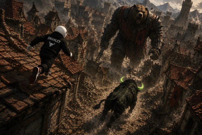 A manlet in a white helmet and black "SMANLET" hoodie runs across rooftops from a giant armored bear and a charging bull, with "SMANLET" visible on his back. The surreal, epic scene visually satirizes the post's bullish "$ANSEM looks good here / Manlets in control" sentiment by depicting small, meme-clad figures commanding outsized monstrous bulls in a fantasy landscape.