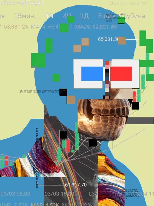 A collage-style portrait of a blue-silhouetted figure wearing pixelated red-blue 3D glasses, overlaid with stock charts (showing tickers like BTC, ETH, ADA, SOL and figures including 63,881.24, 62,821.16, 65,031.30, and 61,317.70) and a golden skull jaw—visually riffing on the post's "Mfer" reference with its meme-like mfer aesthetic, while the glitchy financial charts tie into the $BNKR/R3ORDR crypto theme.
