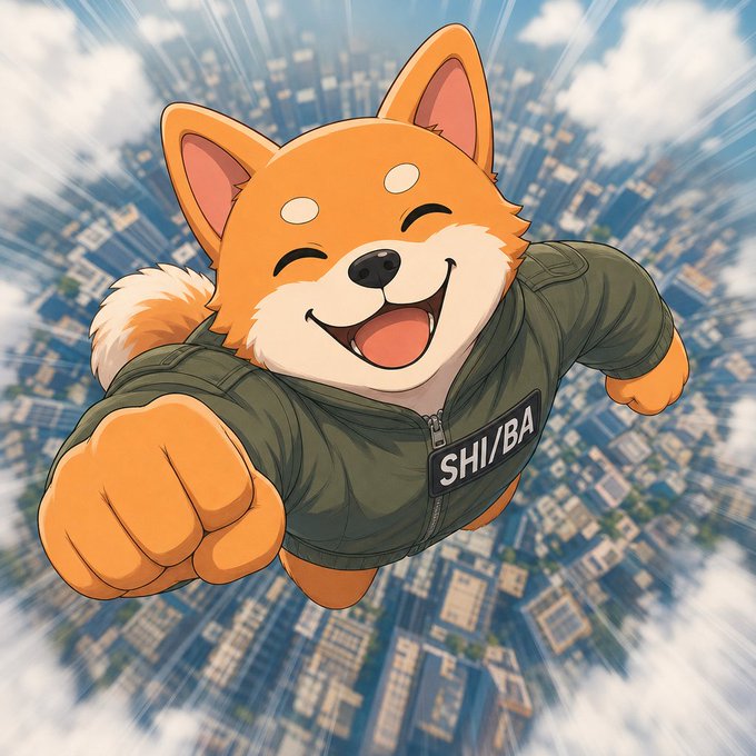 A cartoon illustration shows a smiling Shiba Inu dog wearing a green bomber jacket with 'SHI/BA' on it, appearing to fly above a city landscape.