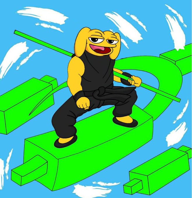 A cartoon illustration of a yellow dog character dressed as a martial artist in black attire, holding a green staff, standing on green geometric platforms against a blue sky with white clouds.