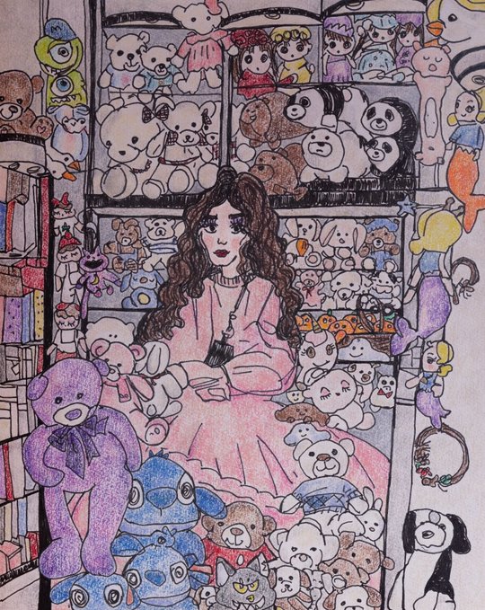 A colorful hand-drawn illustration depicting a girl with long wavy hair sitting among a large collection of teddy bears and stuffed animals on shelves.