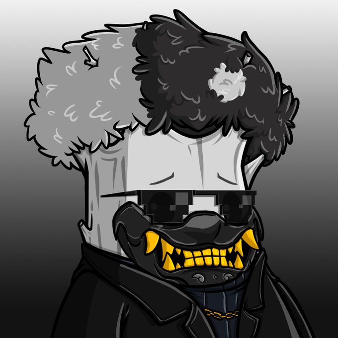 A grayscale cartoon-style avatar with a two-toned black and white fluffy hairstyle, pixelated sunglasses, and a menacing mask with large gold teeth, wearing a black coat.