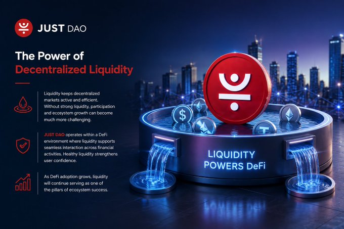 A promotional banner for JUST DAO titled 'The Power of Decentralized Liquidity' featuring cryptocurrency symbols and a red logo with a stylized person icon.