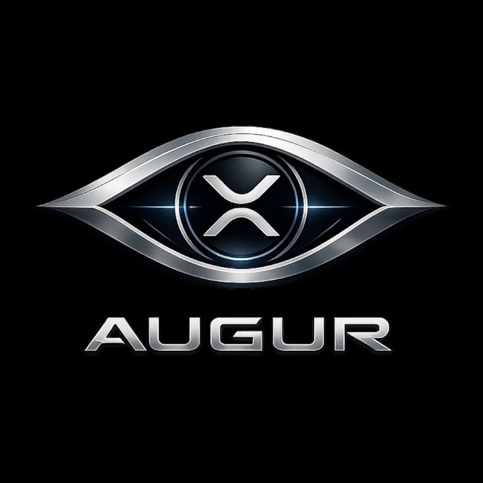 A sleek silver metallic eye logo with a stylized "X" in the center, displayed above the chrome text "AUGUR" on a black background, serving as the branding for @augurintel's XRP whale tracking and ecosystem ranking analysis.