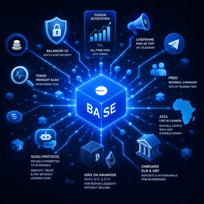 An infographic illustrating the BASE ecosystem with a central cube connected to features including BALANCER V3, FUSION ECOSYSTEM, LIVEFRAME, PRED, AZZA, ONBOARD, IDRX ON AMANODE, and QUIDLI PROTOCOL.