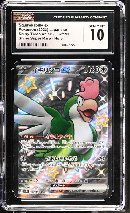 A graded Pokémon trading card (Squawkabilly ex, card 337/190 from the Japanese Shiny Treasure ex Holo set) encased in a CGC holder with a GEM MINT 10 rating.