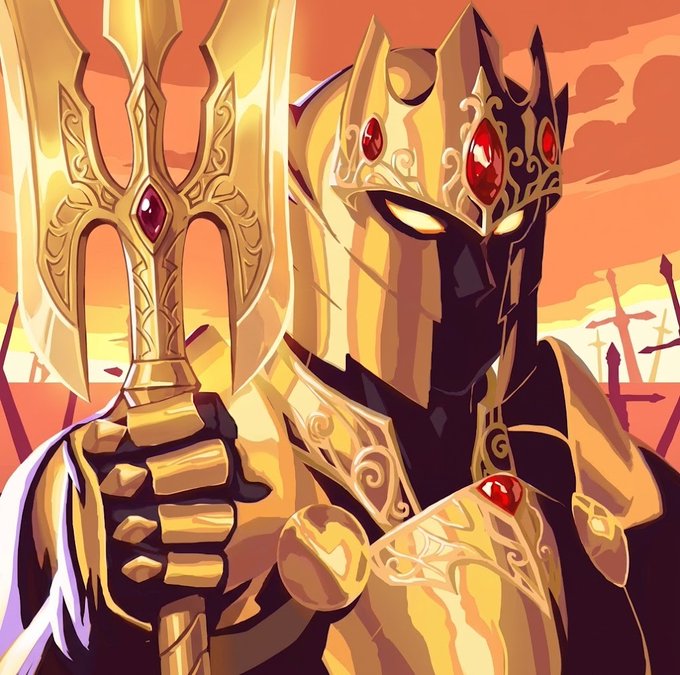 An animated illustration of a golden-armored warrior with a crown featuring red gems, holding a large ornate golden sword with a red gem against a sunset battlefield backdrop.