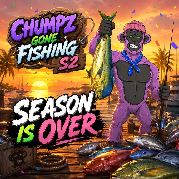 The image is promotional artwork for "CHUMPZ GONE FISHING S2" announcing "SEASON IS OVER," featuring a purple gorilla holding a large fish on a dock at sunset. The "Tigers on Top" caption likely references a victorious outcome from the fishing season, paralleling the celebratory tone of the artwork.