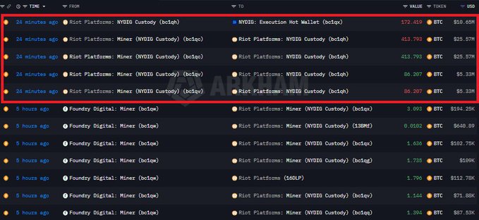 Blockchain transaction log showing multiple transfers from Riot Platforms addresses (Miner and Platform wallets) to NYDIG Custody, with BTC and USD values listed.