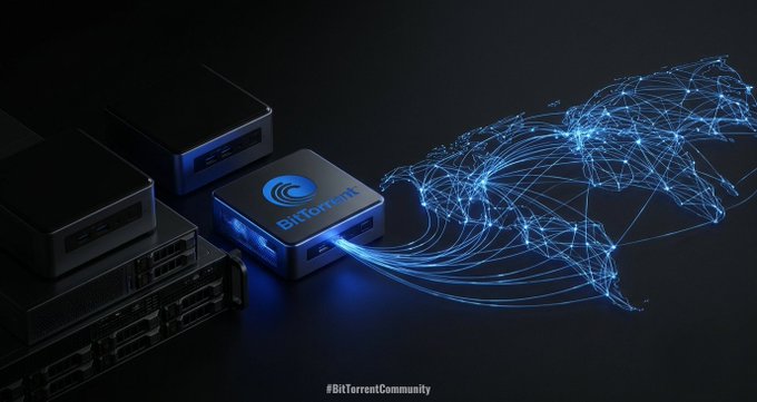 A BitTorrent-branded hardware device emits glowing blue data streams that form a network of interconnected nodes across the globe, visually illustrating decentralized coordination of unused capacity. The image features the text "#BitTorrentCommunity" and aligns with the post's theme of leveraging idle storage resources through the $BTT token and DePIN infrastructure.