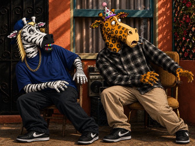Two people in surreal animal costumes—one in a zebra mask with a blue shirt and gold chain, the other in a giraffe mask with a party hat and plaid shirt—sit on chairs in a gritty urban setting, both wearing black Nike sneakers.