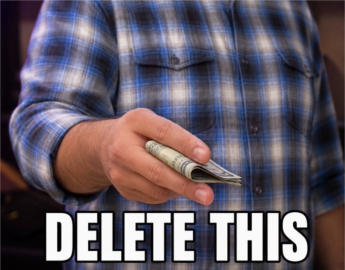 A person in a blue plaid shirt is discreetly handing off a roll of cash, with "DELETE THIS" overlaid in large bold text — symbolizing a hush-hush or off-the-books transaction, tying into the post's suggestion that the DTCC is secretly benefiting in ways the public shouldn't see, with $LINK positioned as the winning asset ("too much alpha").