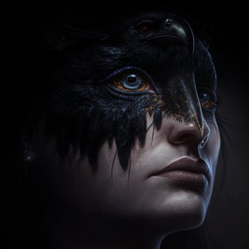 A stylized digital portrait features a woman's face adorned with dark feathers and intricate makeup, with a striking blue eye staring intensely from the shadows.