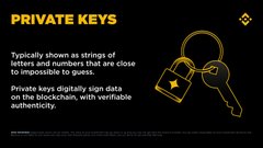 A dark informational graphic titled 'PRIVATE KEYS' explains that private keys are typically shown as strings of letters and numbers used to digitally sign data on the blockchain for verifiable authenticity.