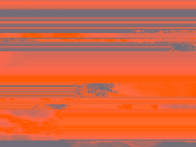 A heavily glitched, abstract image composed of horizontal bands of bright orange and grayish-blue color.