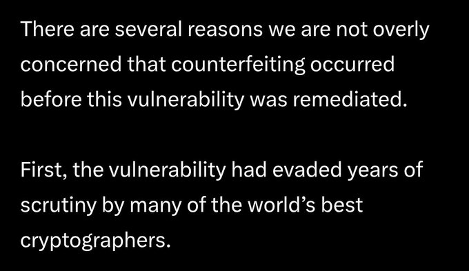 The image shows a black background with white text that reads "There are several reasons we are not overly concerned that counterfeiting occurs before this vulnerability was remaineded." The text appears to be from a news article or blog post discussing the vulnerabilities of Zcash, an alternative cryptocurrency.