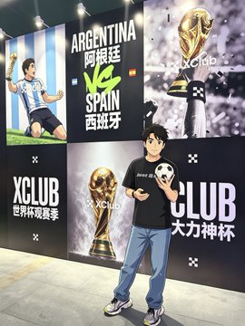 A young person wearing an XClub t-shirt poses in front of large World Cup-themed promotional posters featuring Argentina vs Spain matches.