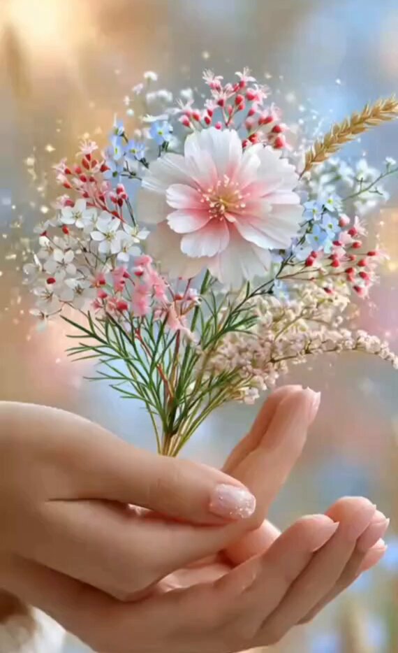 The image features a person's hands holding a bouquet of flowers, with their fingers gently cradling the petals. The flowers are a mix of pink and white colors, adding a touch of elegance to the scene. The background appears blurry, drawing attention to the main subject - the hands holding the flower bouquet.