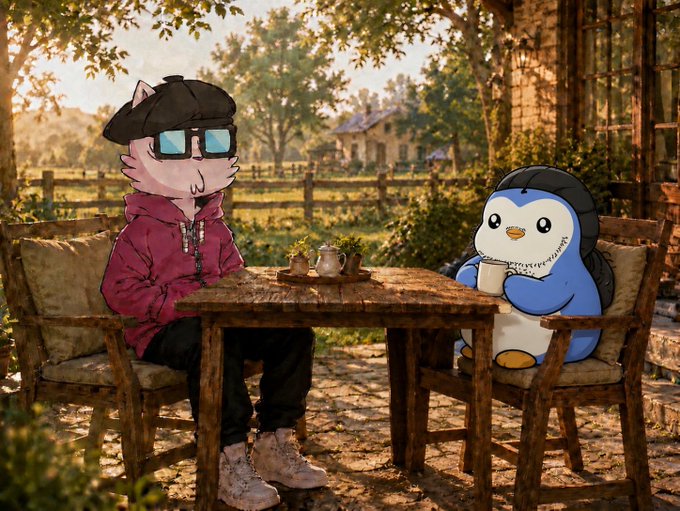 An animated scene showing a cat in a red jacket, black cap, and blue sunglasses sitting at a wooden table with a penguin wearing a beanie, holding a cup, in a sunny outdoor setting.