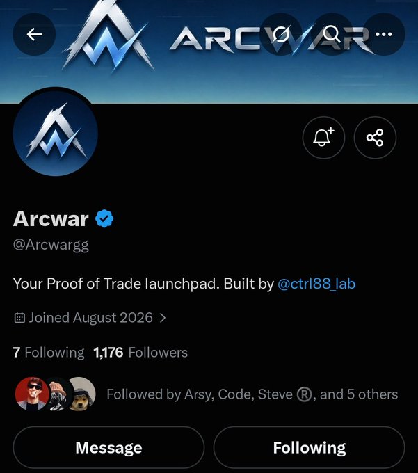 A Twitter/X profile for 'Arcwar' (@Arcwarg), described as 'Your Proof of Trade launchpad. Built by @ctrl88_lab,' showing 7 following and 1,176 followers.