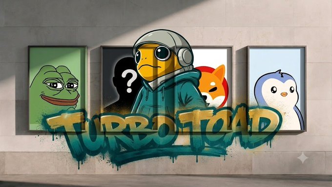 This image features a stylized character from the "Turbo Toad" brand overlaid on a wall featuring various internet meme icons like Pepe the Frog and Doge. The text "TURBO TOAD" is written in large, graffiti-style letters, directly referencing the "$Turbo" mentioned in the accompanying post.
