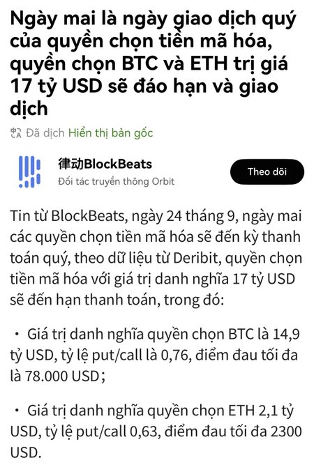 A Vietnamese news post from '律动BlockBeats' stating that crypto options worth $1.7 billion will expire tomorrow, including BTC options at $14.9 billion with a max pain point of $78,000.