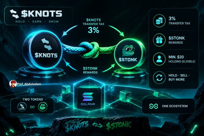 The image showcases the $KNOTS token ecosystem, highlighting a 3% transfer tax on the Solana blockchain that generates $STONK rewards for holders who maintain a minimum $20 holding. It visually depicts two interconnected tokens ($KNOTS and $STONK) with the tagline "HOLD • EARN • GROW," reinforcing the post's emphasis on examining verifiable on-chain token mechanics rather than surface-level claims.