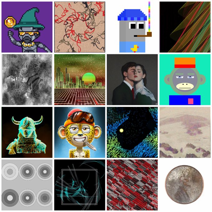 A 4x4 grid collage of sixteen diverse NFT-style digital artworks, including pixel art characters, abstract patterns, and surreal portraits.