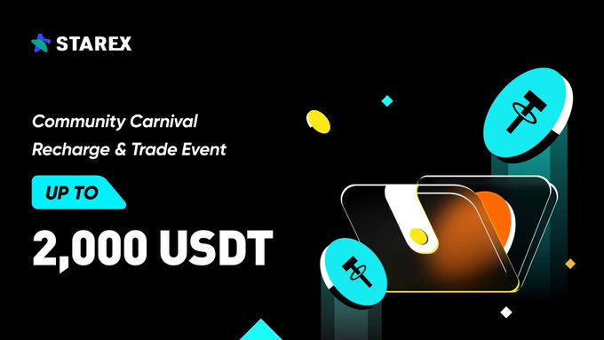 STAREX promotional banner for 'Community Carnival Recharge & Trade Event' offering up to 2,000 USDT.