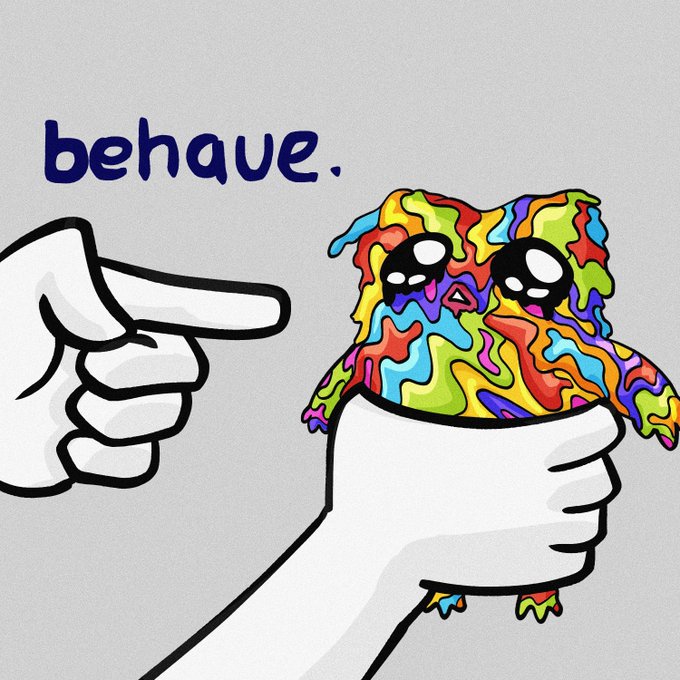 A colorful, psychedelic bird with large tearful eyes is held by a pointing hand, accompanied by the text "behave." — pairing with the "gm" post as a playful, attention-grabbing visual command telling followers to mind their manners.