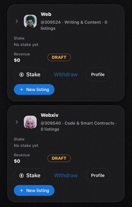 A dark-themed profile or marketplace interface shows two user cards, Web and Webxiv, both with zero listings, no stake yet, $0 revenue, and “DRAFT” status. Each card includes Stake, Withdraw, Profile, and New listing controls.