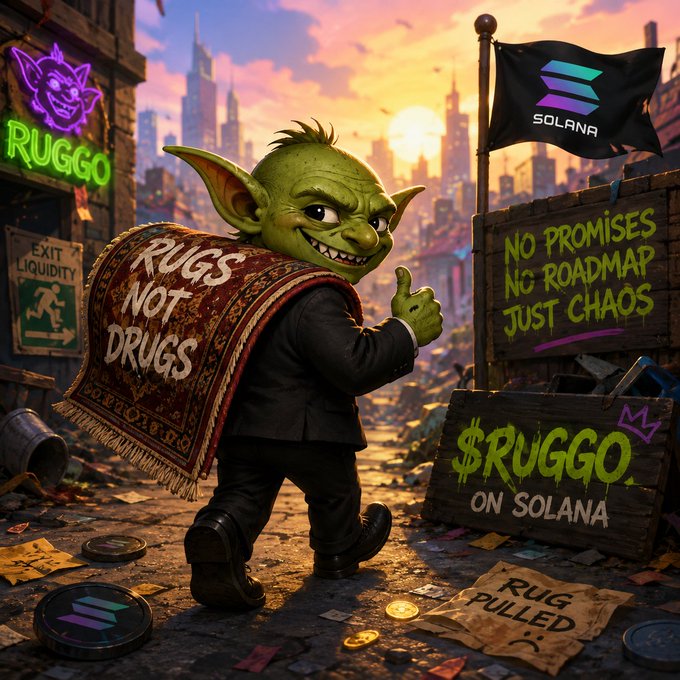 A cartoon goblin in a suit carrying a rug labeled 'RUGS NOT DRUGS' gives a thumbs up, surrounded by signs reading 'RUGGO,' 'NO PROMISES NO ROADMAP JUST CHAOS,' '$RUGGO ON SOLANA,' and 'RUG PULLED'.