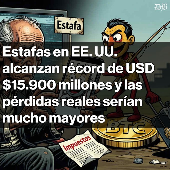A cartoon illustration showing an elderly man looking at a phone displaying a scam, with a bird-like scammer figure, a Bitcoin coin, and a sign reading 'Estafa'. The headline reads: 'Estafas en EE. UU. alcanzan récord de USD $15.900 millones y las pérdidas reales serían mucho mayores', with an 'Impuestos' document visible.