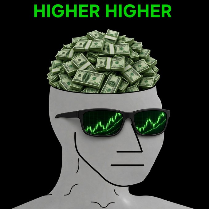 A stylized illustration of a figure with an exposed brain filled with stacks of dollar bills, wearing sunglasses with green stock chart lines reflected in the lenses, beneath the green text 'HIGHER HIGHER'.